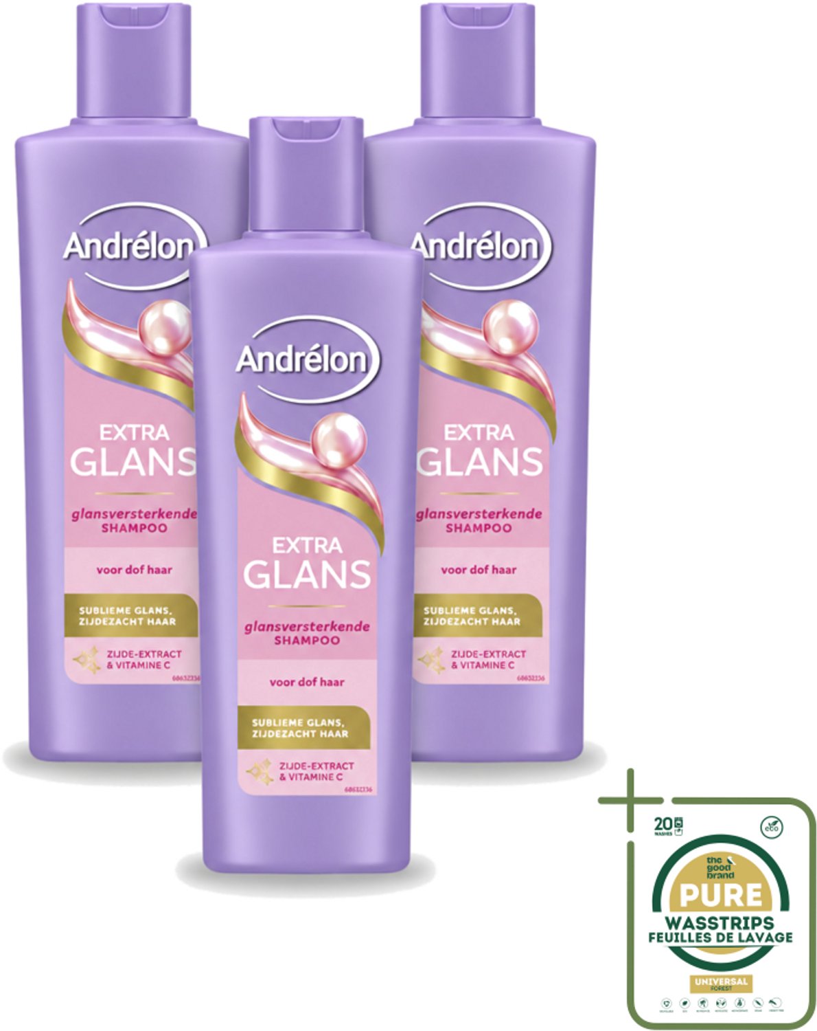 3 x Andrélon – Shampoo – Extra Glans – 250 ml - Wasstrips - Haar Verzorgen - Dof Haar - Glans Haar - Zachte Haar - Haar Reinigen