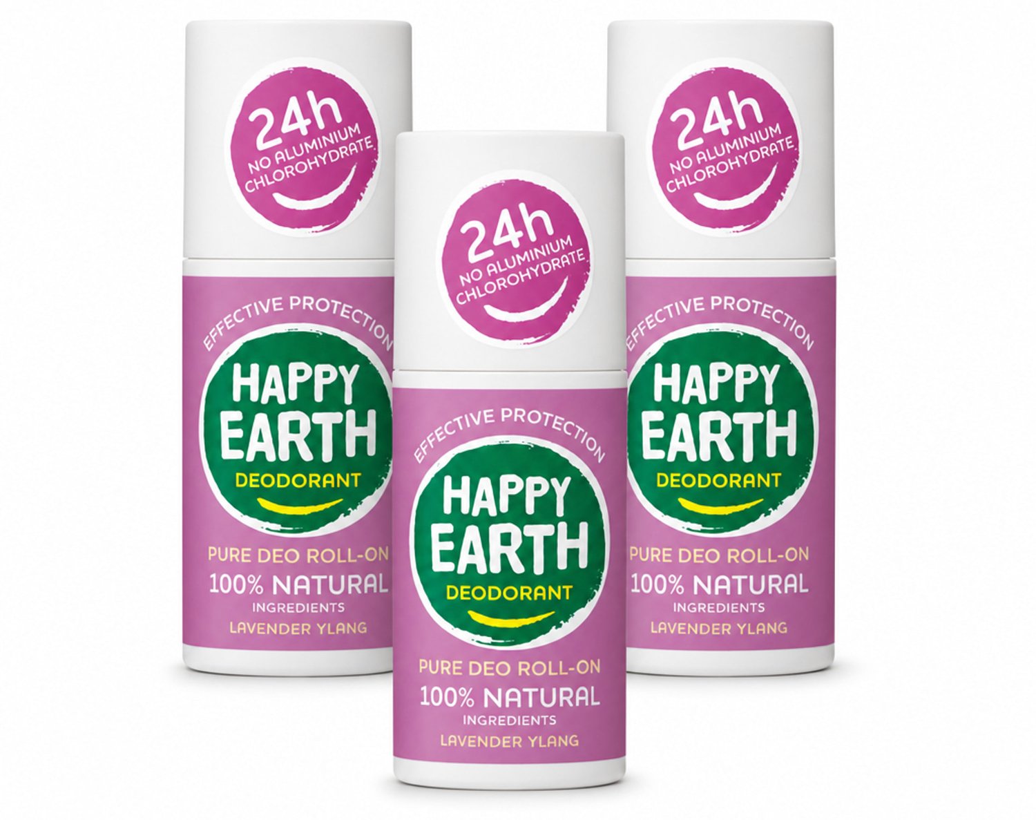 3 x Happy Earth – Deodorant Roll-On – 100% Natuurlijk Lavender Ylang – 75 ml - Voordeelverpakking - 3 stuks