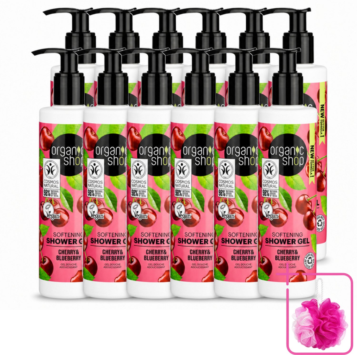 12 x Organic Shop - Douchegel Cherry & Blueberry - Verfrissend en Hydraterend - 280 ml - Bulkverpakking - Douchegel - Douchemop - Natuurlijke douchegel