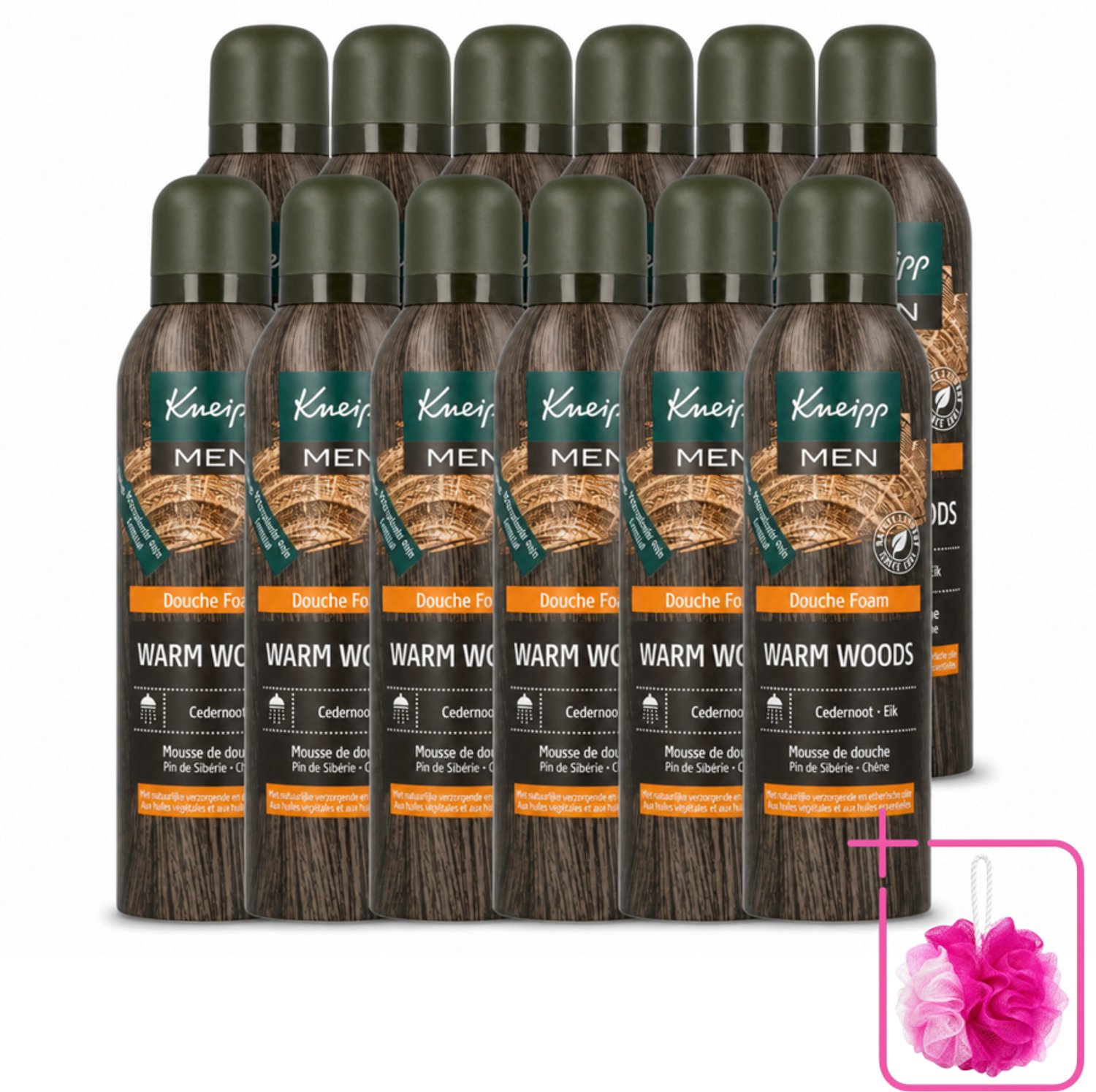 12 x Kneipp - Douche schuim - Men - Warm Woods - Warme houtgeur - 200 ml - Bulkverpakking - Douche foam - Douchemop - Warme houtgeur