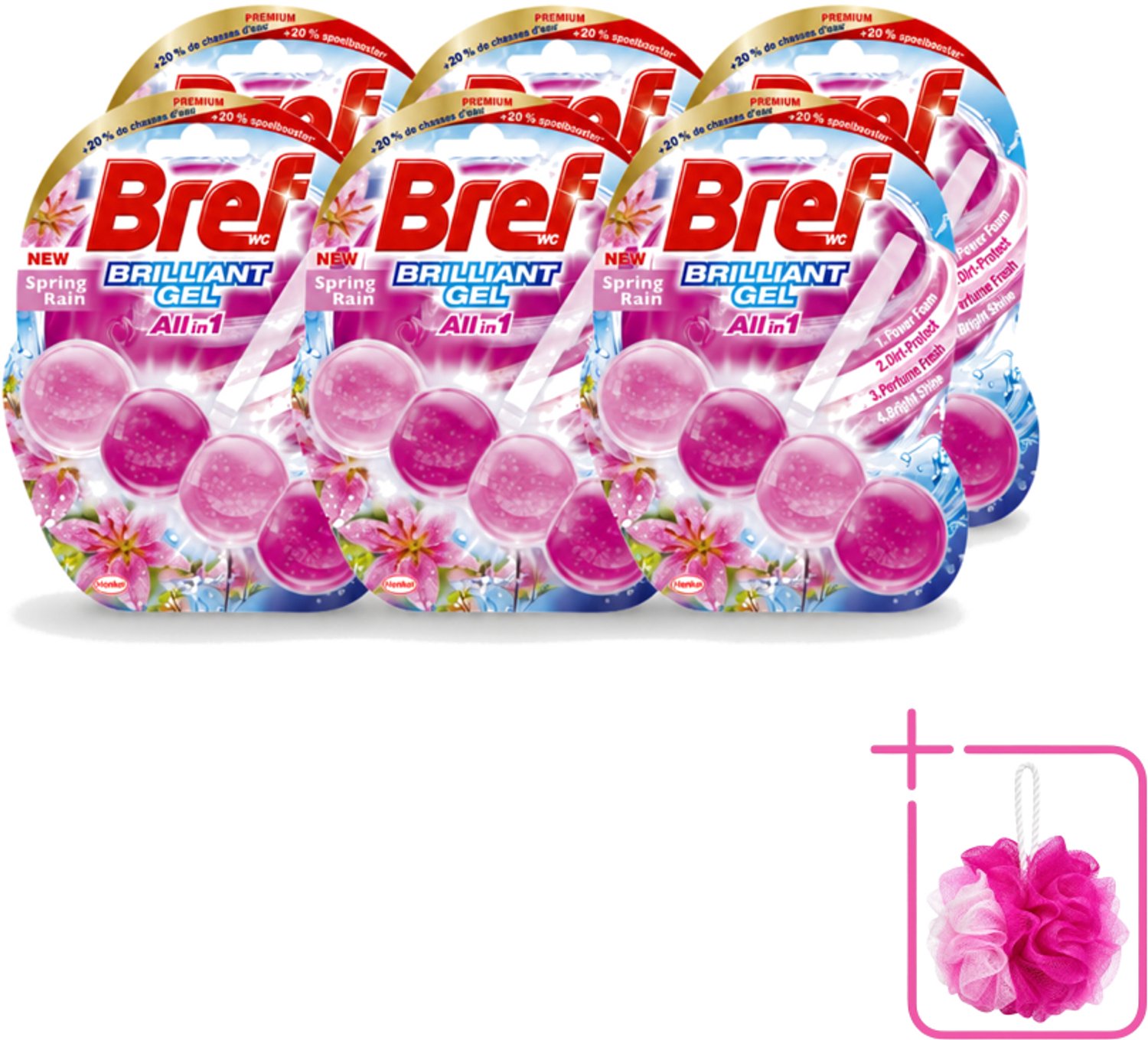 6 x Bref - Toiletblok - Brilliant Gel - Spring Rain - 42g - Bulkverpakking - Toilet reinigen - Douchemop - Toilet fris