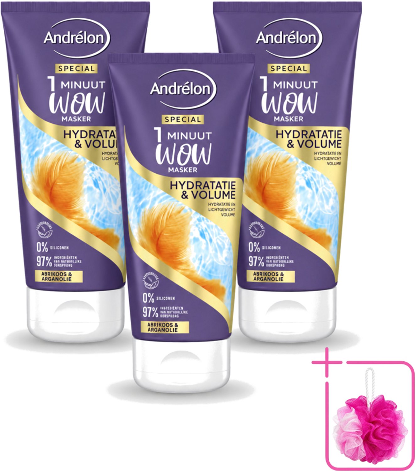 3 x Andrélon - WOW - 1 Minuut Masker - Hydratatie & Volume - 180 ml - Bulkverpakking - 1 minuut masker - Douchemop - Hydratatie haar