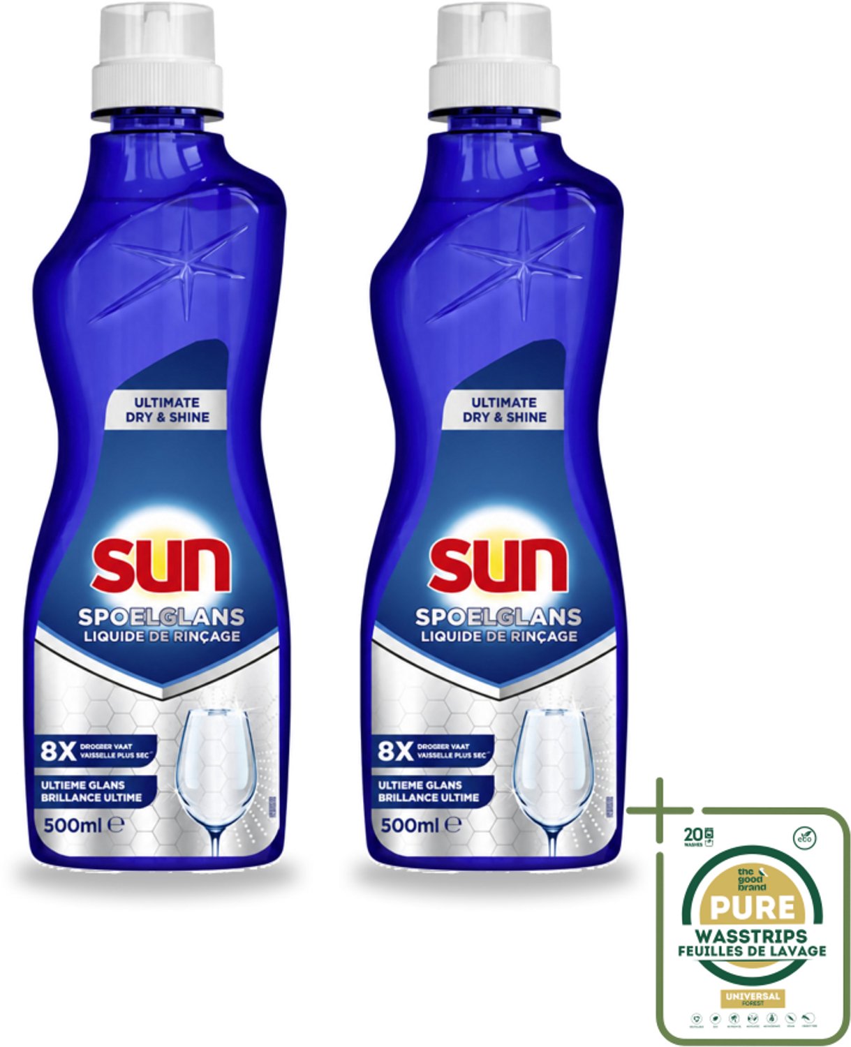 2 x Sun - Spoelglansmiddel - Dry & Shine - 500 ml - Wasstrips - Spoelglansmiddel - Vaatwasmiddel - Droge Vaat - Glanzende Vaat - Vaatwasser
