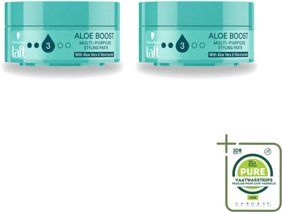 Twee potten Taft Aloe Boost stylingpasta en een verpakking The Good Brand Pure vaatwasstrips met limoengeur.