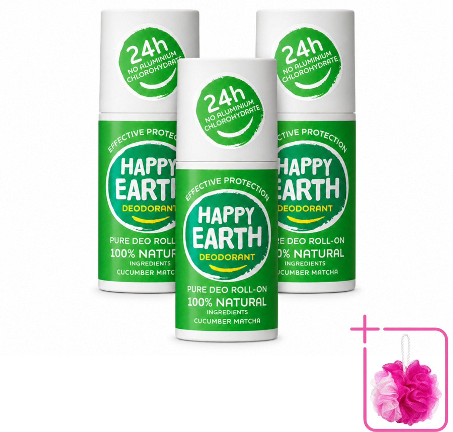 3 x Happy Earth – Deodorant Roll-On – 100% Natuurlijk Cucumber Matcha – 75 ml - Bulkverpakking - Deodorant - Fris