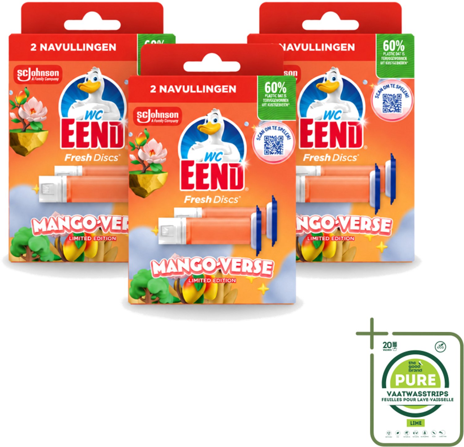 3 x WC Eend – Fresh Discs – Duo Navulling – Mango Verse – 72 ml - Grootverpakking - Vaatwasstrips - Toilet Navulling - Fris Toilet - Mango Geur - Kalkaanslag Voorkomen - Toilet Reinigen