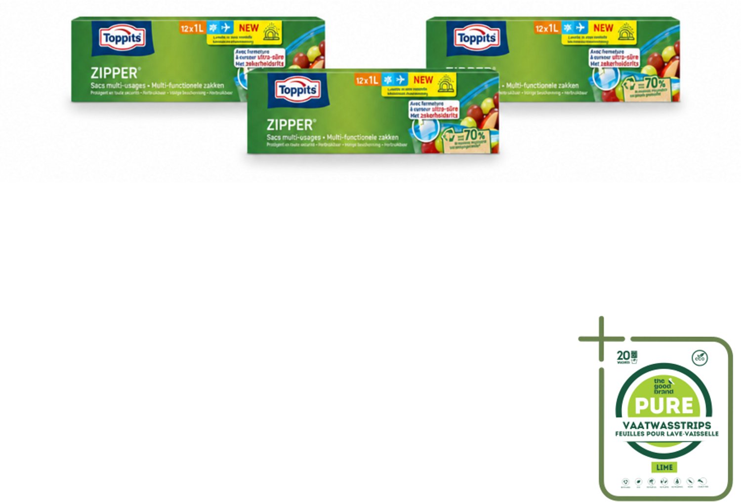 3 x Toppits – Zipper Multifunctionele Zakken – 1 Liter – 12 Zakjes - Grootverpakking - Vaatwasstrips - Zipper Zakken - Lekken - Voedsel Bewaren - Restjes Opbergen - Snacks