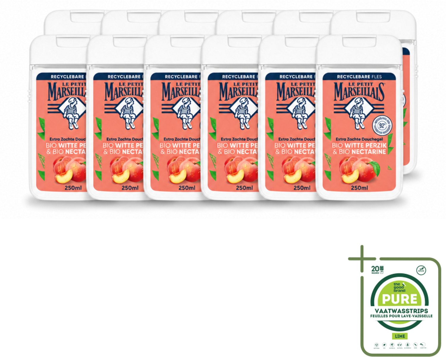 12 x Le Petit Marseillais – Douchegel – Bio Perzik & Nectarine – Verfrissend – 250 ml - Grootverpakking - Vaatwasstrips - Douchegel Bio Perzik En Nectarine - Frisse Douchegel - Bio Douchegel - Fruitige Douchegel - Perzik En Nectarine Douchegel