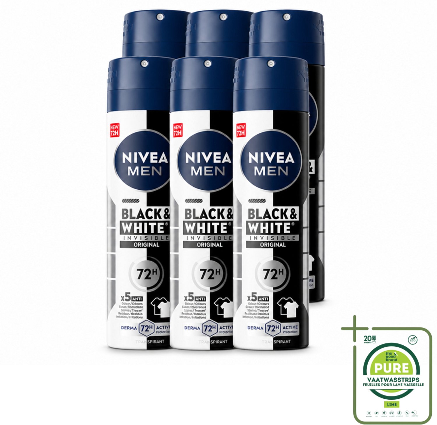 6 x NIVEA MEN – Deodorant spray – Invisible for Black & White – 150 ml - Grootverpakking - Zweetvermindering - Geurvermindering - Anti-Transpirant Spray - Kledingbescherming - 48u Bescherming
