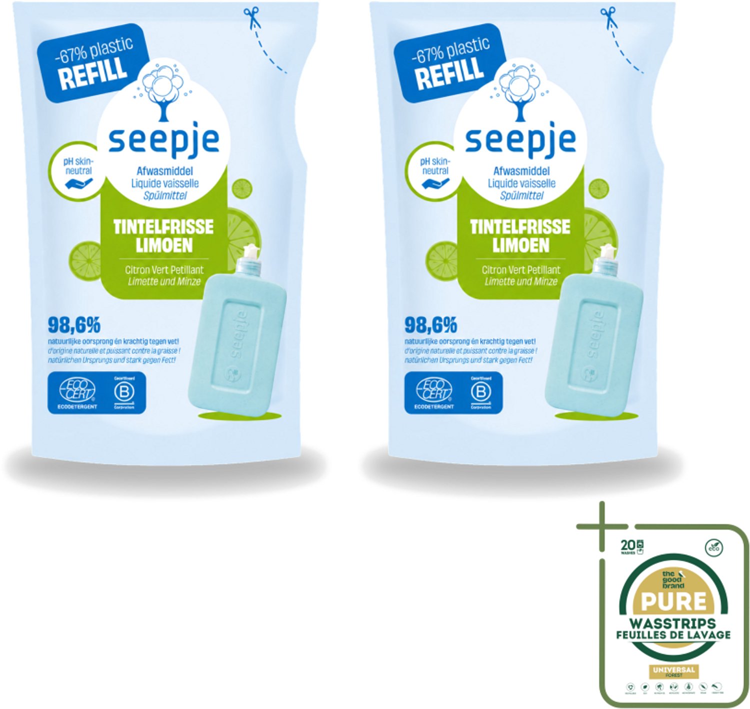 2 x Seepje - Afwasmiddel - Duurzaam & Herbruikbaar - Re-fill - Tintelfrisse Limoen Geur - 500 ml - Wasstrips - Afwasmiddel - Duurzaam Afwasmiddel - Refill Afwasmiddel - Limoengeur - Milieuvriendelijk Afwasmiddel