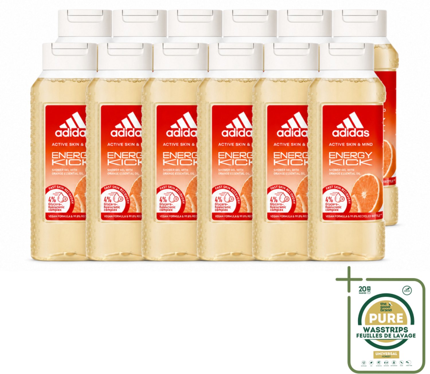 12 x Adidas – Douchegel – Active Skin & Mind Energy Kick – 250 ml - Wasstrips - Douchegel - Energie - Sport - Huidverzorging - Activiteit