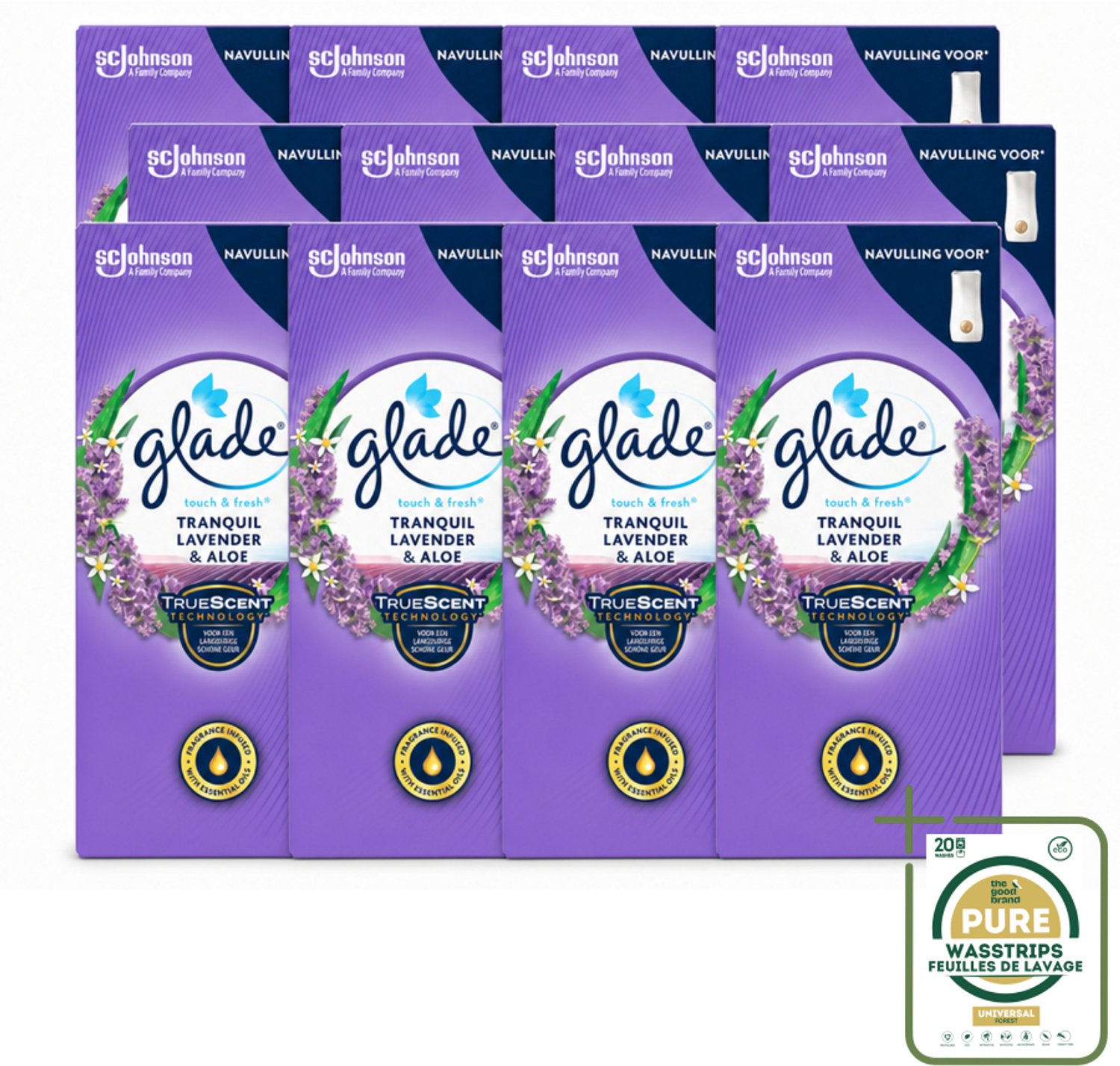 12 x Glade – Touch & Fresh Navulling – Tranquil Lavender & Aloe – 10 ml - Wasstrips - Luchtverfrisser - Lavendel Geur - Aloe Vera - Rustgevende Geur - Geurboost