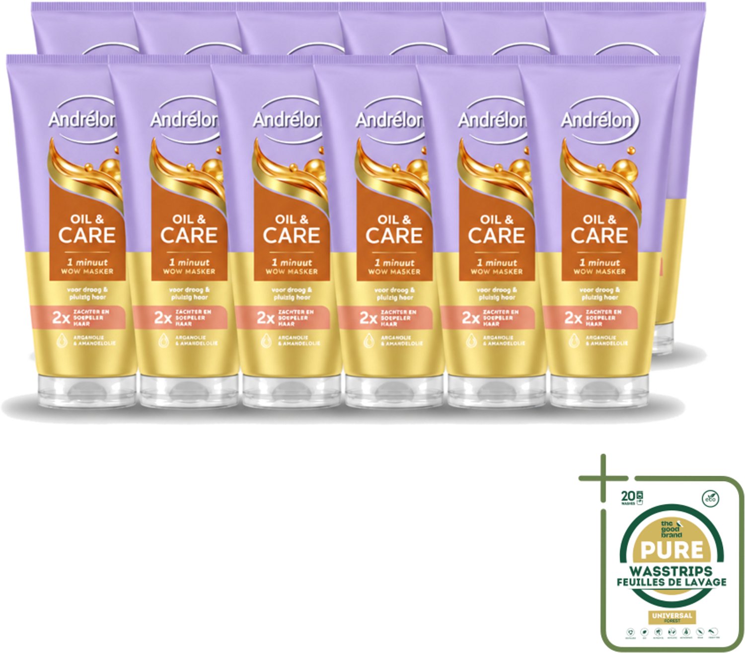 12 x Andrélon – Haarmasker WOW – Oil & Care – 180 ml - Wasstrips - Haarverzorging - Haarmasker - Pluizig Haar - Droog Haar - Arganolie