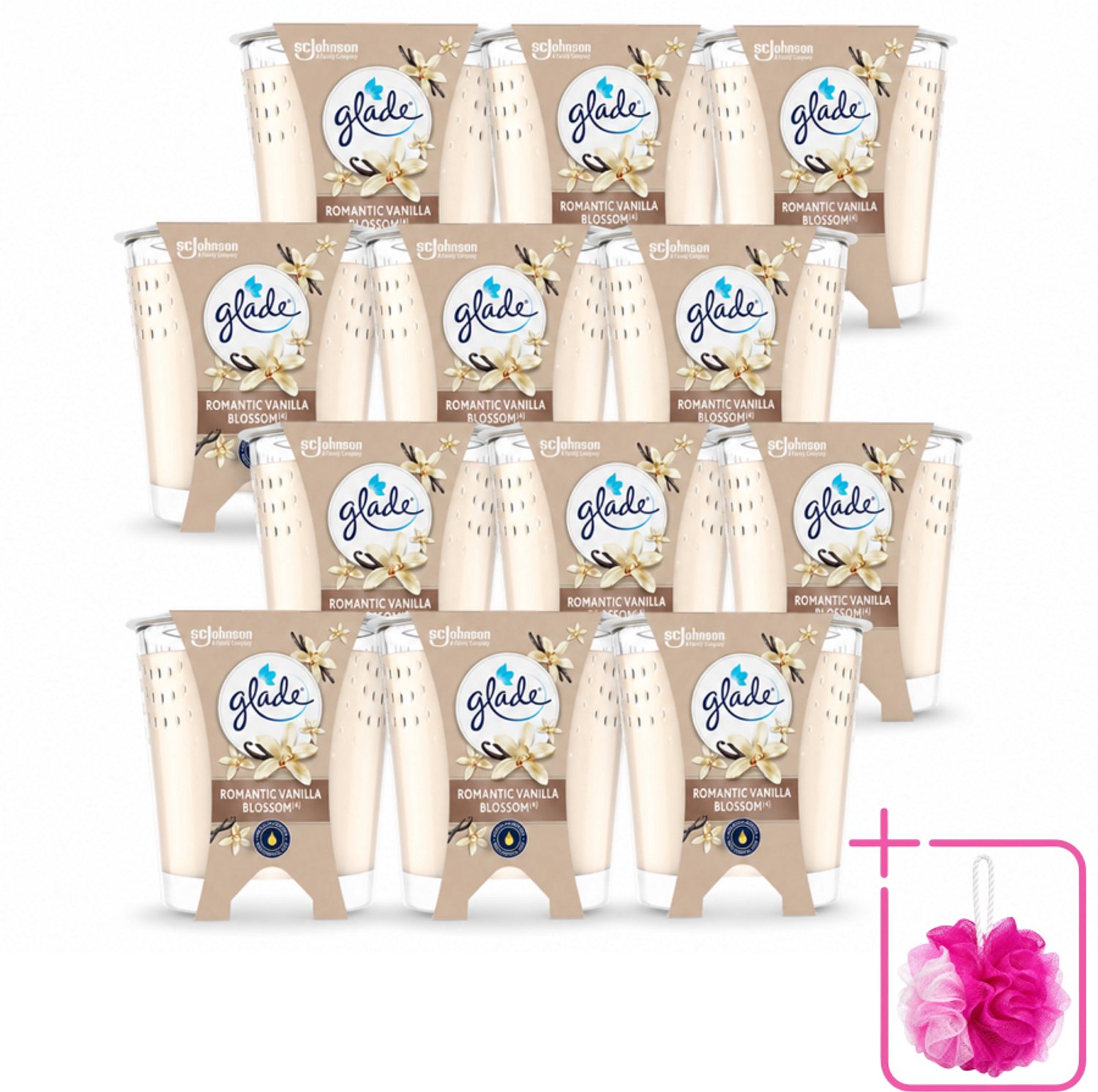 12 x Glade - Geurkaars Romantic Vanillebloesem - 100% Raapzaadwas & Vegan - 112 g - Bulkverpakking - Romantische kaars - Douchemop - Geurkaars