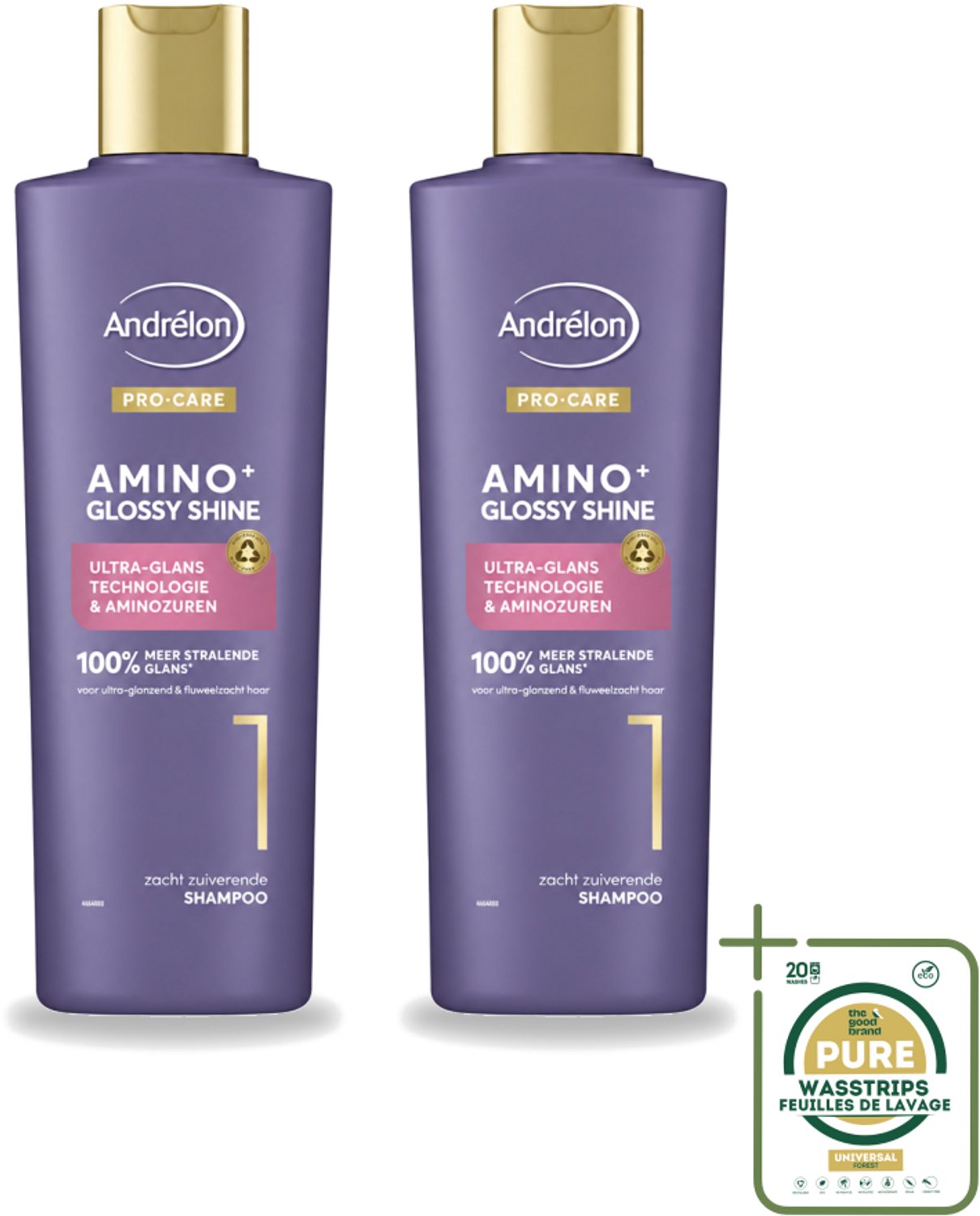 2 x Andrélon – Shampoo – Pro Care Amino+ Glossy Shine – 250 ml - Wasstrips - Haarverzorging - Glans Haar - Zachtheid Haar - Shampoo Voor Dof Haar - Aminozuren Shampoo