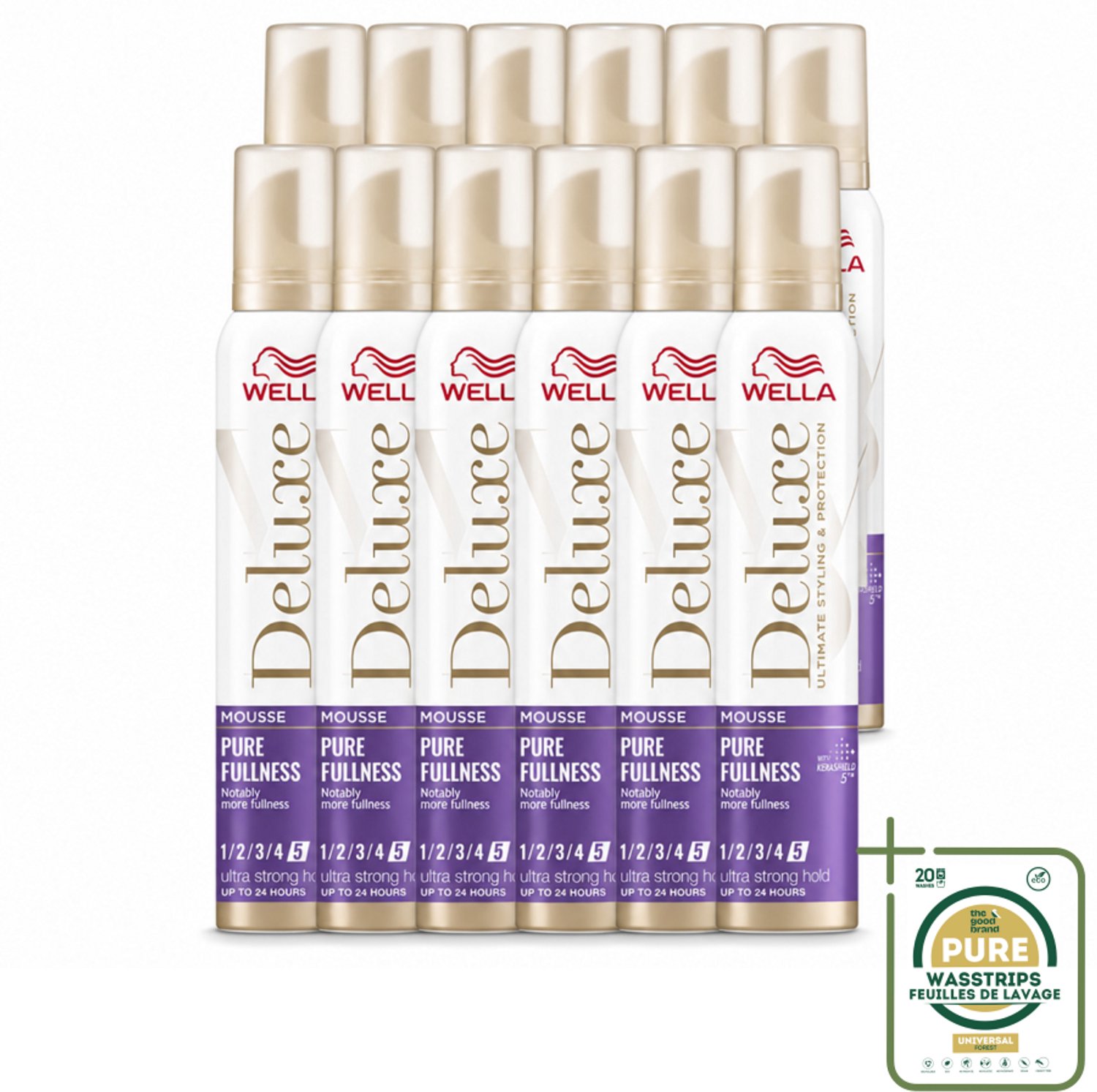12 x Wella – Deluxe Pure Fullness – Haarmousse – 200 ml - Wasstrips - Haarmousse - Volume - Haarbescherming - Kerashield 5 - Anti-pluis