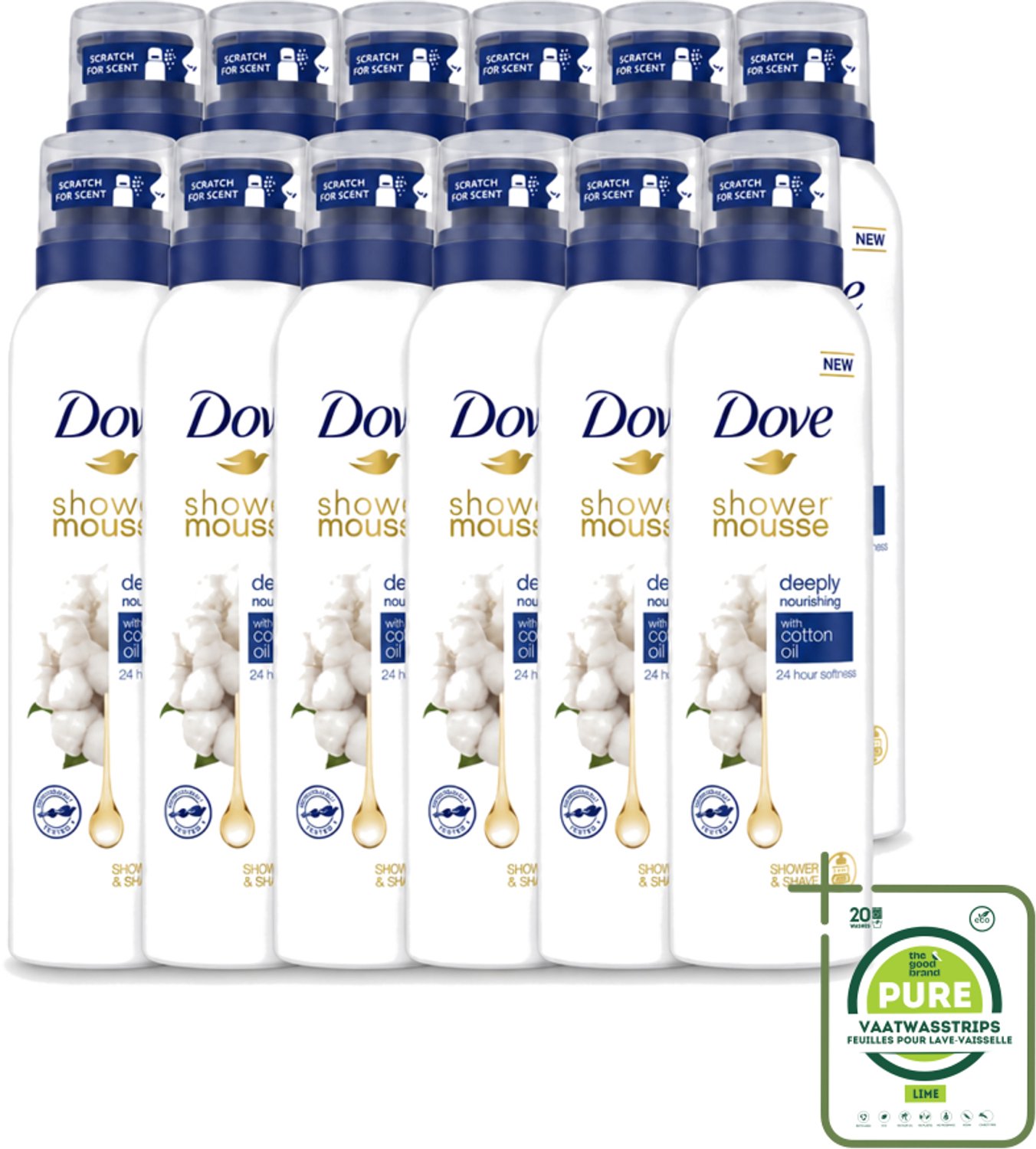 12 x Dove – Douchefoam – Deeply Nourishing Cotton Oil – 200 ml - Grootverpakking - Vaatwasstrips - Douchefoam - Huid Verzorging - Katoenzaadolie - Hydratatie - Zachte Huid
