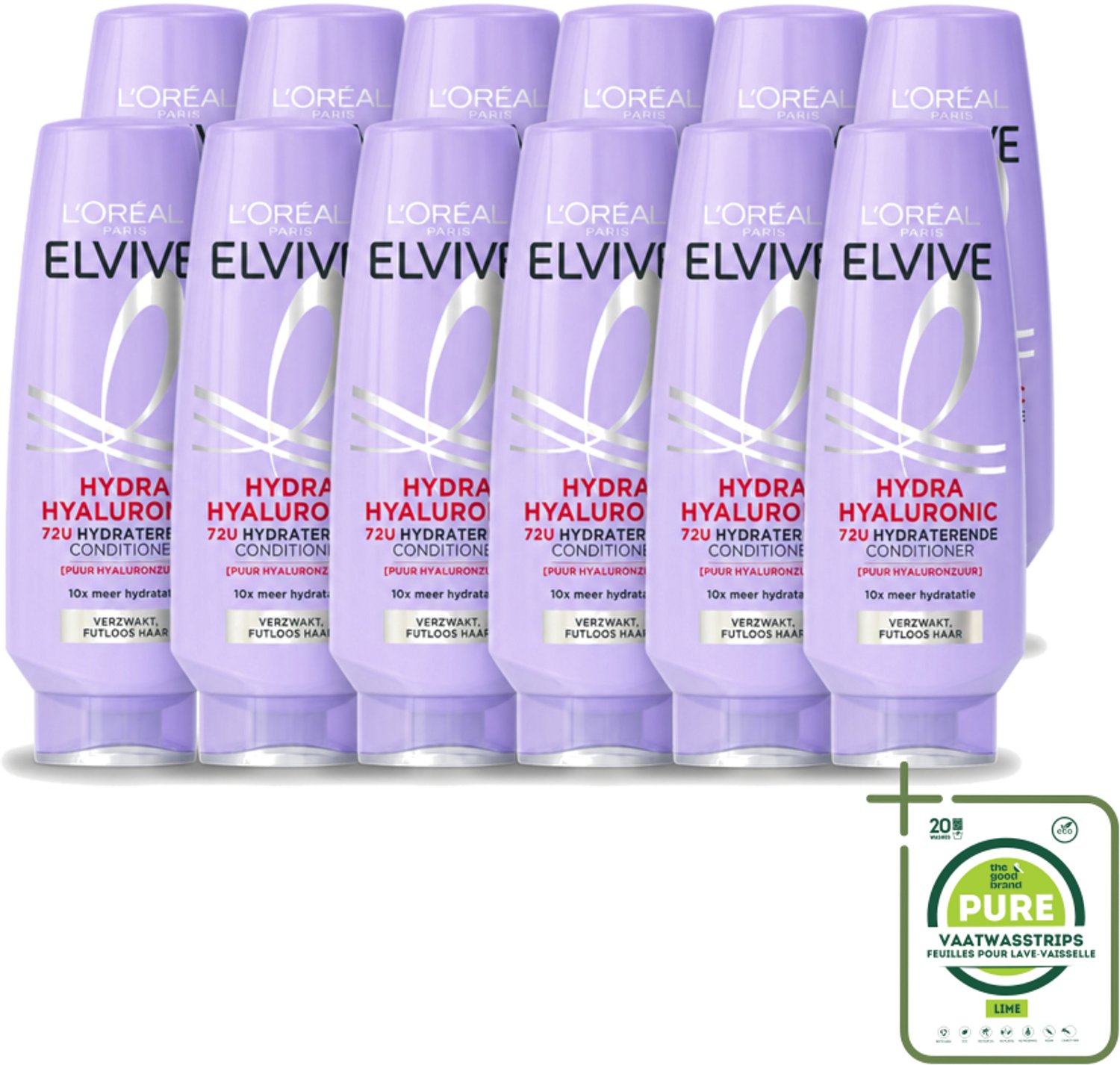 12 x L’Oréal Paris Elvive – Conditioner – Hydra Hyaluronic Hydraterend – 200 ml - Grootverpakking - Vaatwasstrips - Hydratatie - Hyaluronzuur - Ontwarring - Droog Haar - Pluizen