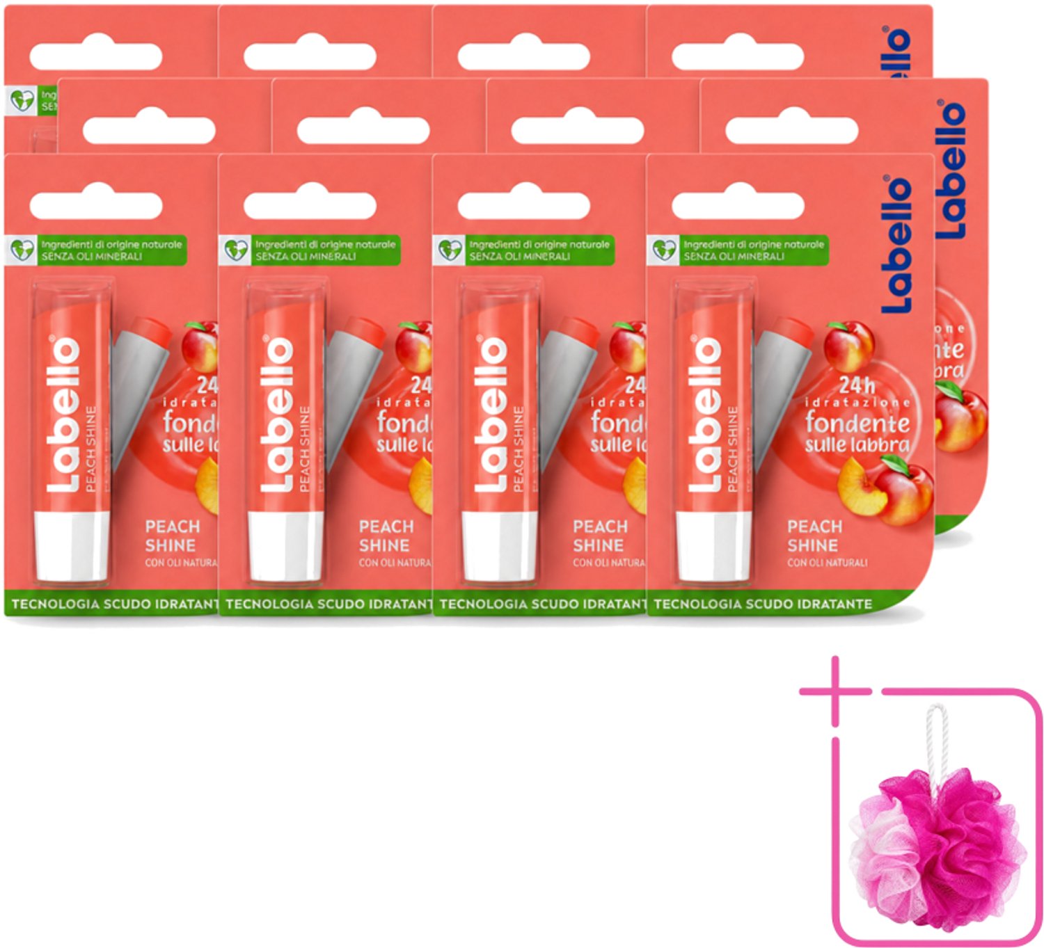12 x Labello – Lippenbalsem – Fruity Peach Shine – Vegan - Bulkverpakking - Lippenbalsem - Douchemop - Vegan lippenbalsem