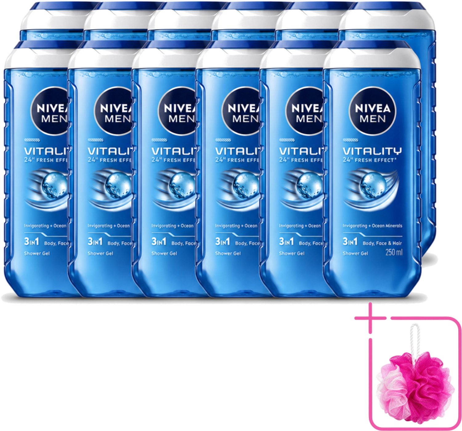12 x Nivea Men – Douchegel – Vitality 3-in-1 – 250 ml - Bulkverpakking - Douchegel voor mannen - Douchemop - Frisheid
