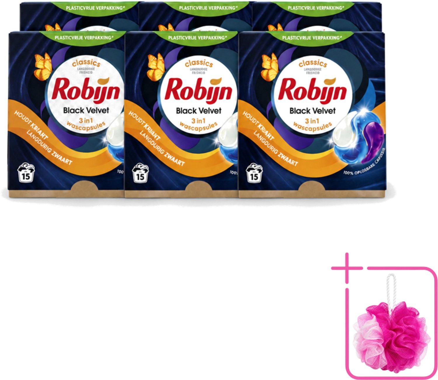 6 x Robijn – 3-in-1 Wascapsules – Black Velvet – 15 capsules - Bulkverpakking - Zwarte was - Douchemop - Zwart kleding
