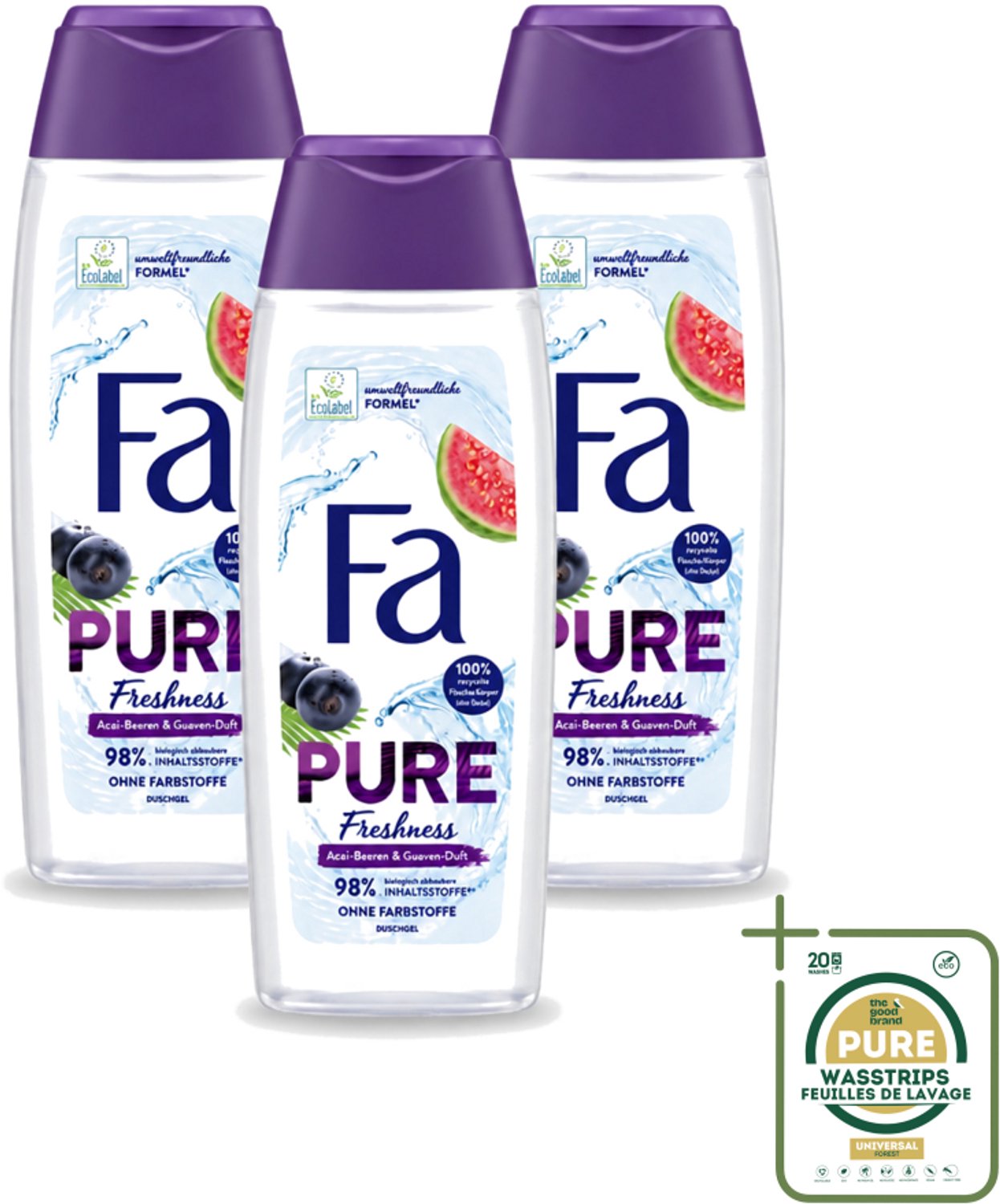3 x Fa - Douchegel - Pure Freshness - Acai & Guave - Verfrissend & Verzorgend - 250 ml - Wasstrips - Douchegel - Acai - Guave - Verfrissend - Verzorgend