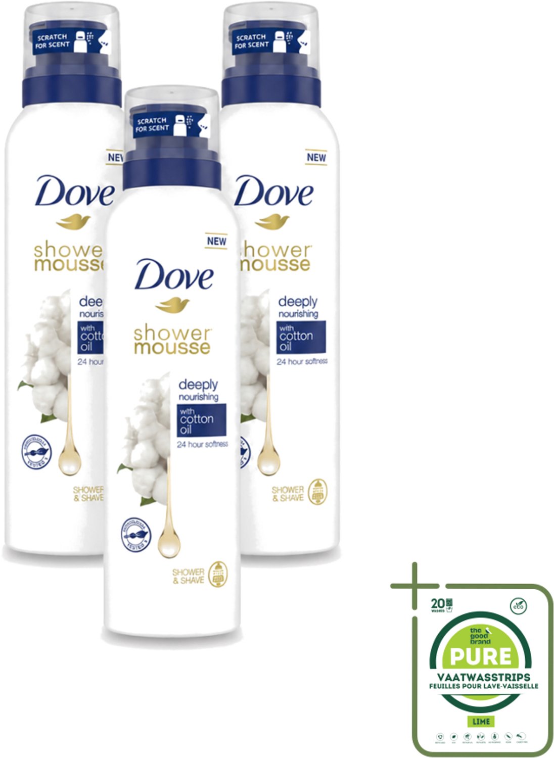 3 x Dove – Douchefoam – Deeply Nourishing Cotton Oil – 200 ml - Grootverpakking - Vaatwasstrips - Douchefoam - Huid Verzorging - Katoenzaadolie - Hydratatie - Zachte Huid