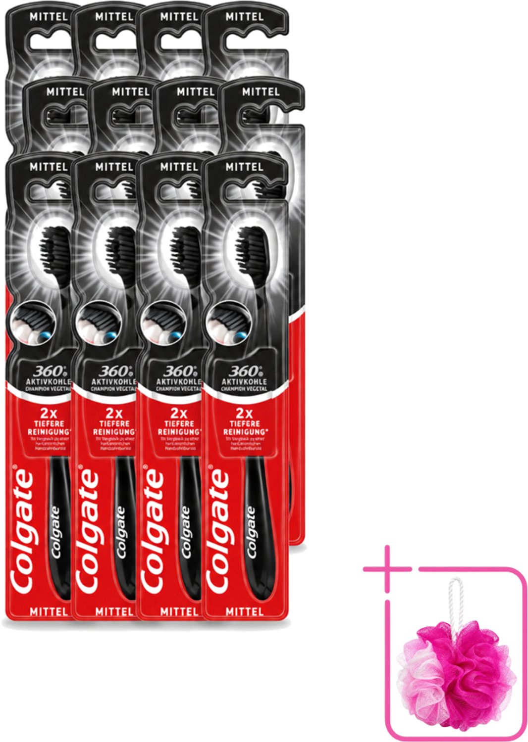 12 x Colgate - Tandenborstel - Charcoal Black 360 Medium - Zwart - 1 Tandenborstel - Bulkverpakking - Tandenborstel houtskool - Douchemop - Tandenborstel 360°