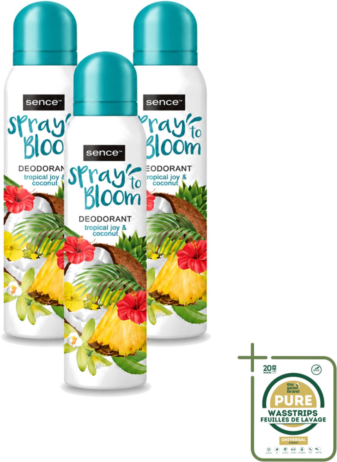 3 x Sence - Tropical Joy & Coconut - Deodorant - Exotisch - 150 ml - Wasstrips - Tropisch Geur - Kokos - Exotisch Geur - Frisheid - Zweetbevochtiging