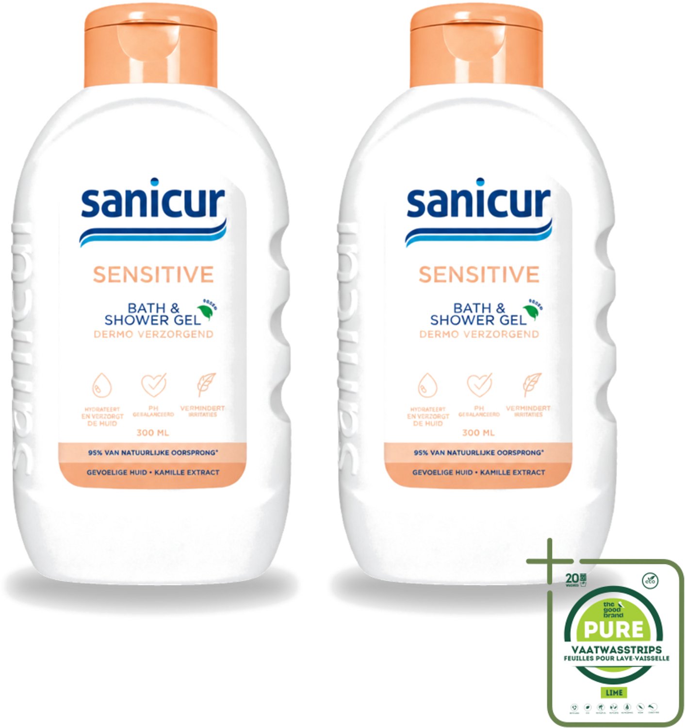 2 x Sanicur – Bad & Douchegel – Sensitive – 300 ml - Grootverpakking - Vaatwasstrips - Gevoelige Huid - Bad En Douchegel - Zachte Reiniging - Kamille Extract - Huidbeschermend
