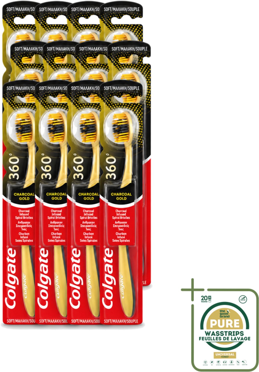 12 x Colgate - Tandenborstel - 360 Charcoal Gold Soft - Zwart/Goud - 1 Tandenborstel - Tandenborstel - Houtskool - Tanden Reinigen - Tanden Witter Maken - Tandenborstel Zacht