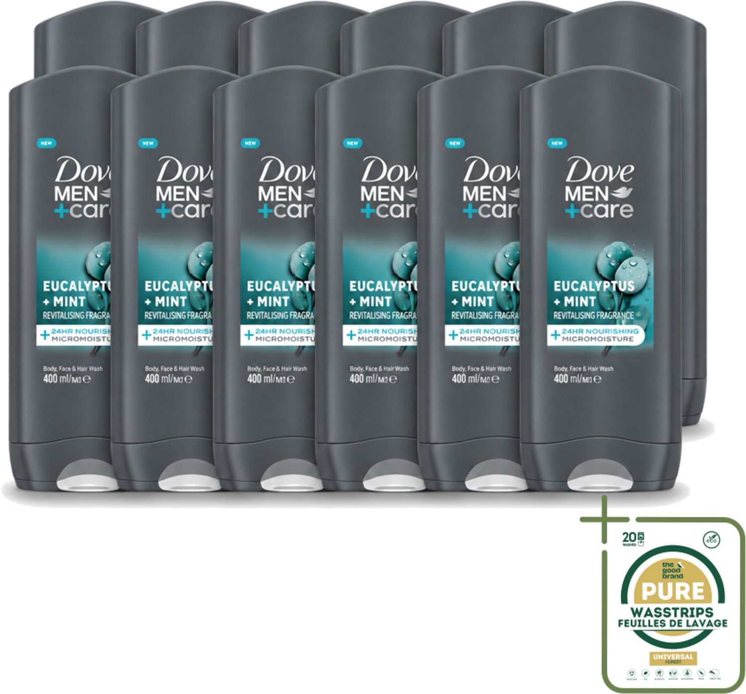 12 x Dove - Douchegel - Men+ Care Eucalyptus + Mint - Verfrissend en kalmerend - 400 ml - Wasstrips - Douchegel Mannen - Eucalyptus Mint - Hydratatie Huid - 3 In 1 Douchegel - Huidverzorging Mannen