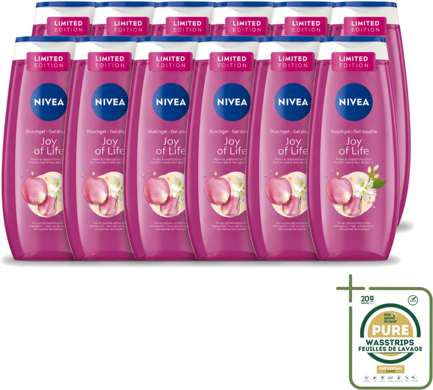 12 x Nivea - Douchegel - Joy of Life - Verfrissend Effect - 250 ml - Wasstrips - Douchegel - Verfrissend Effect - Rozen - Jasmijn - PH-neutraal
