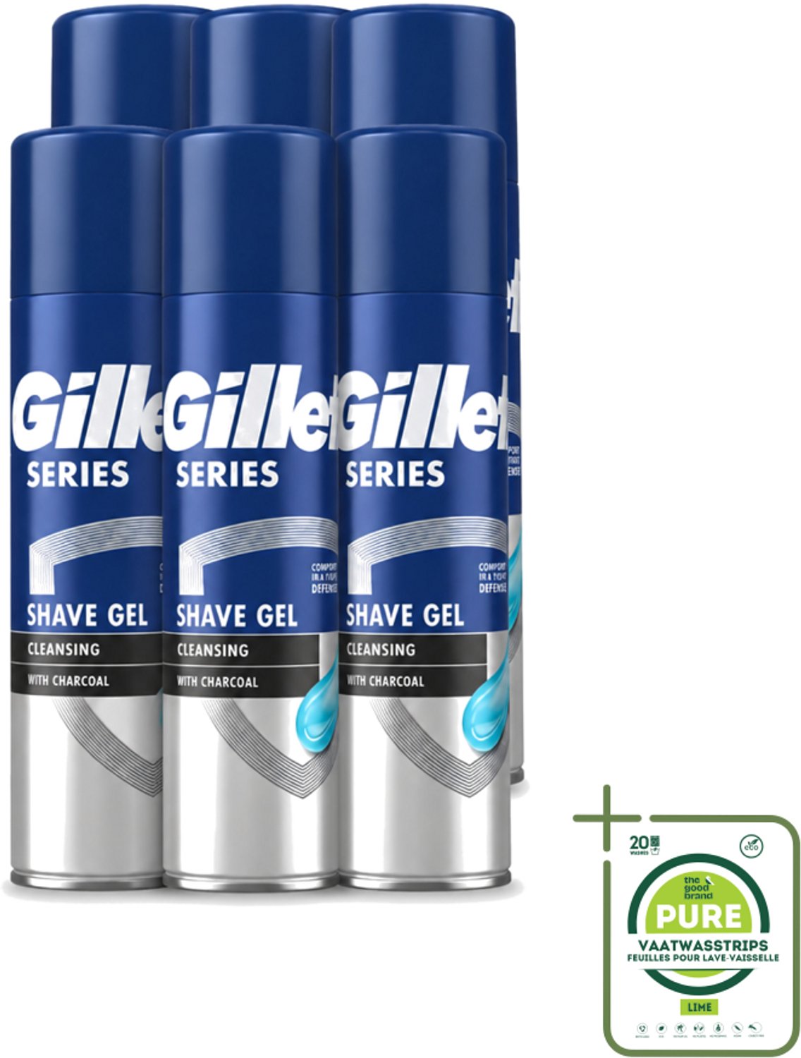 6 x Gillette Series - Scheergel - Cleansing - Charcoal - Verfrissend en reinigend - 200 ml - Grootverpakking - Vaatwasstrips - Scheergel - Houtskool - Menthol - Reinigen - Schuim