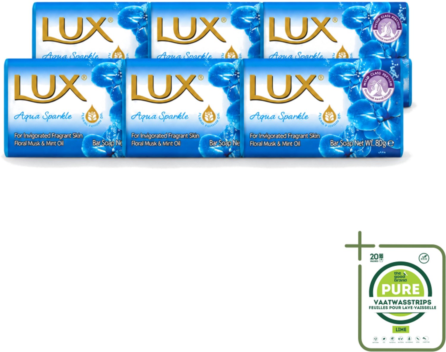 6 x Lux - Zeep - Aqua Sparkle - Hydraterend - Verkwikkende Geur - 80 g - Grootverpakking - Vaatwasstrips - Zeep - Reinigen - Hydrateren - Geur - Schuim