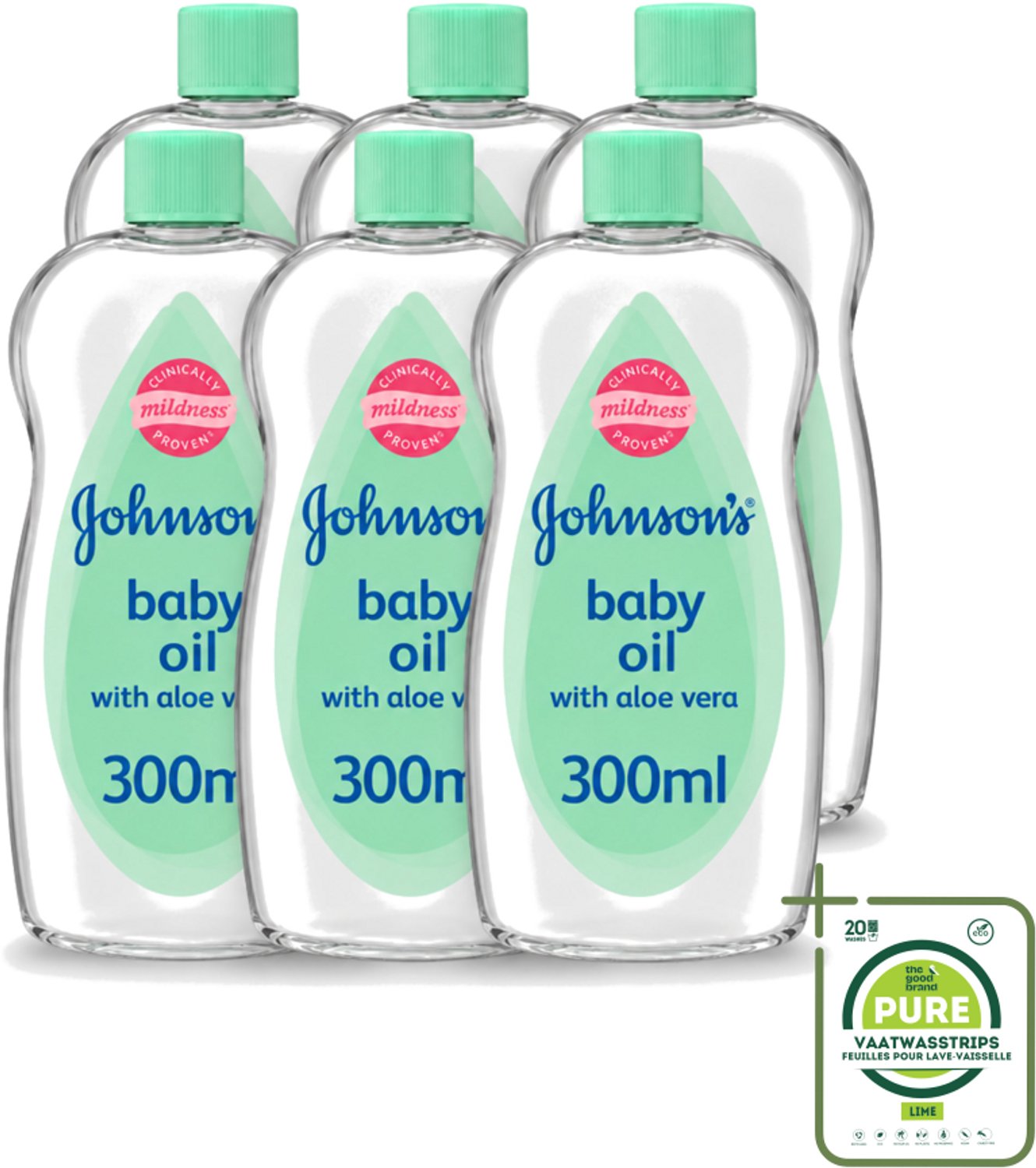 6 x Johnson's - Baby Olie - Aloe Vera - 300 ml - Grootverpakking - Vaatwasstrips - Babyolie - Aloe Vera - Babyhuid Verzorging - Melkkorst Verwijderen - Hydraterende Olie