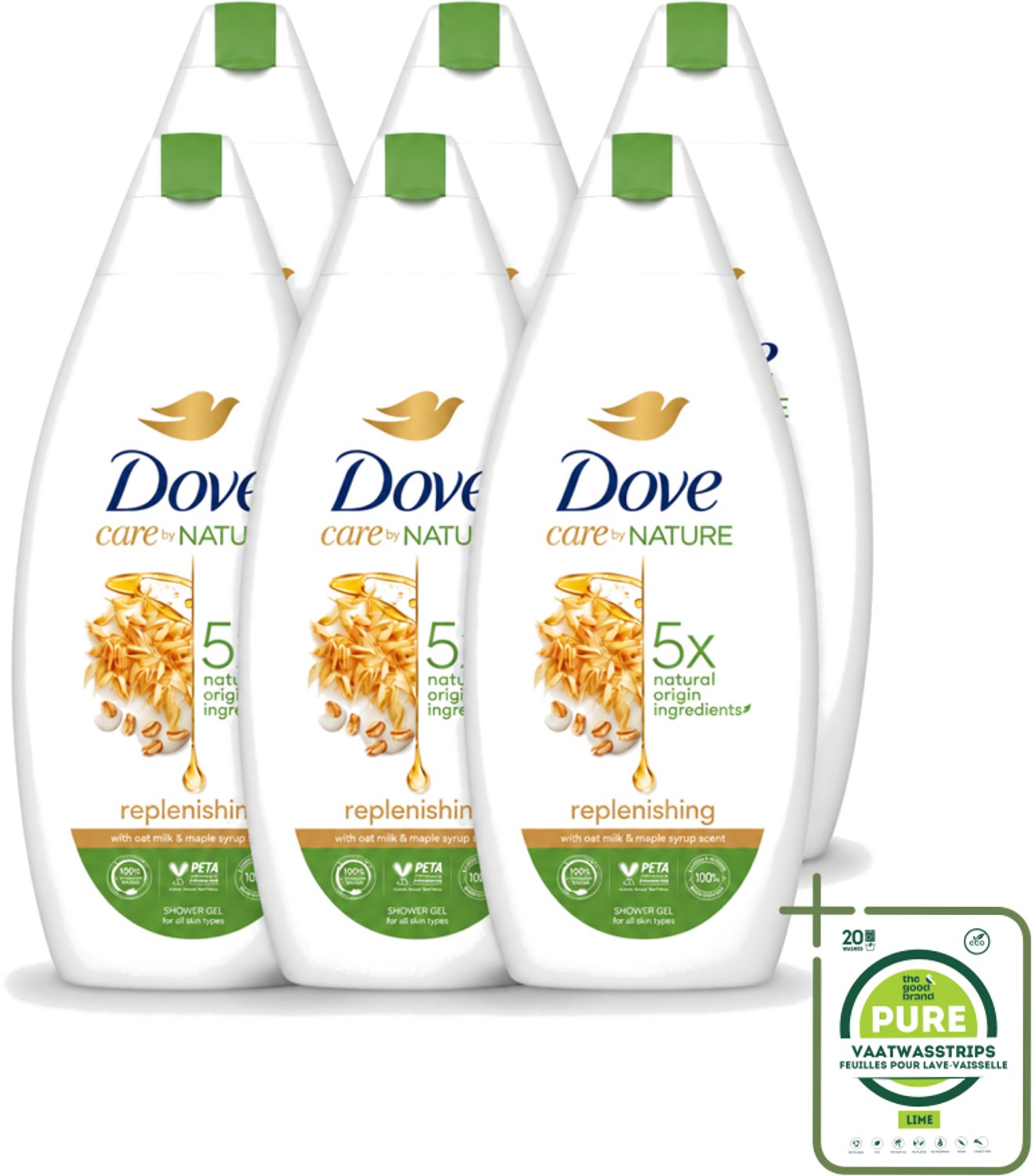 6 x Dove - Douchegel - Replenishing - Hydraterend en verzorgend - 400 ml - Grootverpakking - Vaatwasstrips - Douchegel - Hydratatie - Huid Verzorging - Zachte Douchegel - Schuim