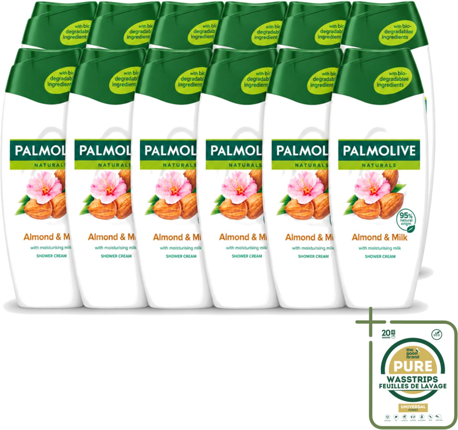 12 x Palmolive – Douchecrème – Naturals Almond & Milk – 500 ml - Wasstrips - Douchecrème - Amandel - Melk - Huid Verzorging - Mild Reinigen