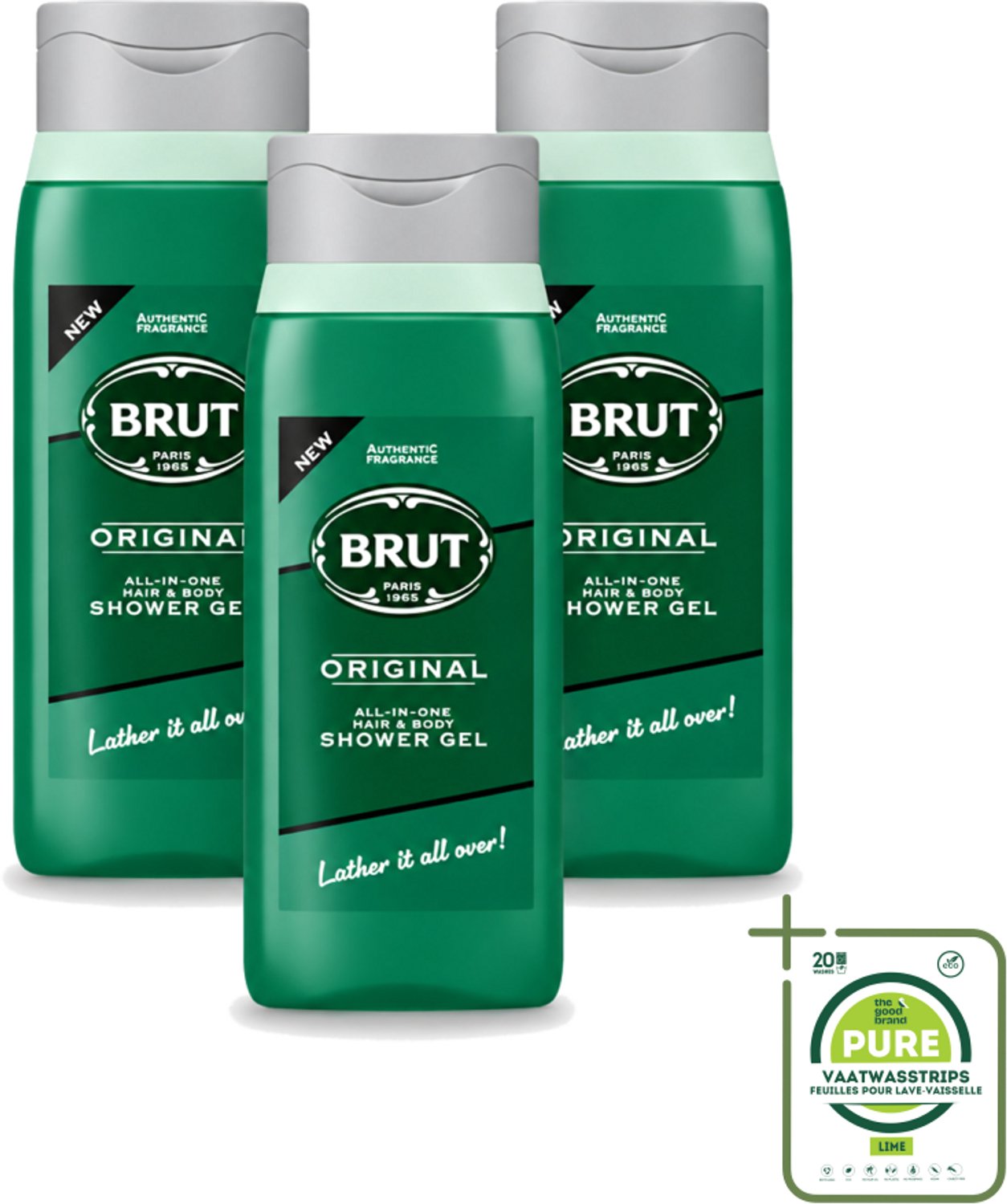 3 x Brut - Douchemiddel - All in One Haar en Body - Original - Verzorgend & Verfrissend - 500ml - Grootverpakking - Vaatwasstrips - Douchegel Haar En Lichaam - Verzorgende Douchegel - Brut Douchegel - All In One Douchegel - Douchegel Voor Mannen
