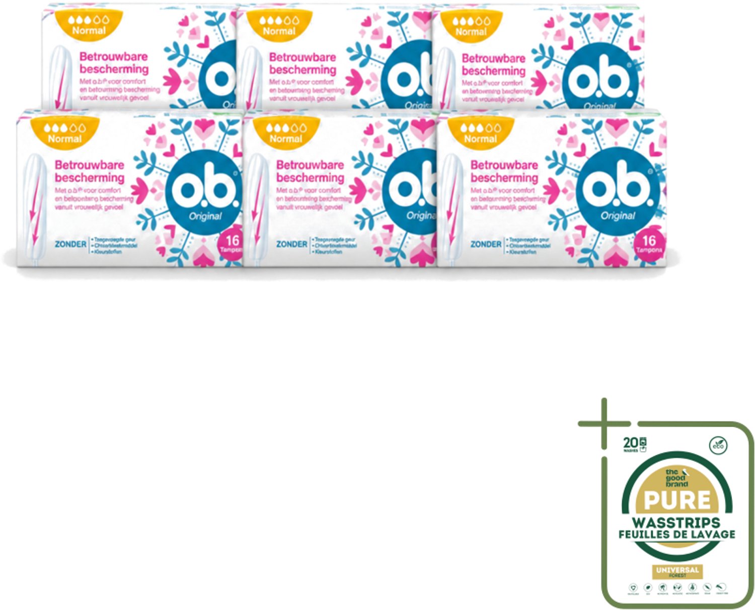 6 x o.b. Tampons - Original Normal - Voor Comfort en Betrouwbare Bescherming - 16 Tampons - Wasstrips - Tampons - Menstruatiebescherming - Plantaardige Tampons - Betrouwbare Bescherming - Comfortabel