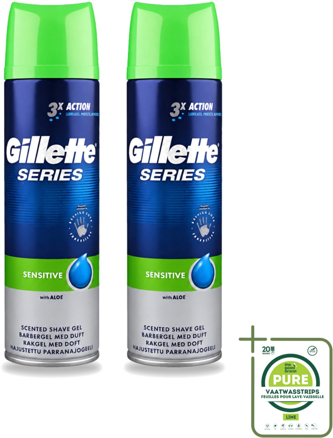 2 x Gillette Series - Scheergel - Sensitive - Aloe Vera - Voor de gevoelige huid - 200 ml - Grootverpakking - Vaatwasstrips - Gevoelige Huid - Scheergel - Scheren - Schuim - Roodheid
