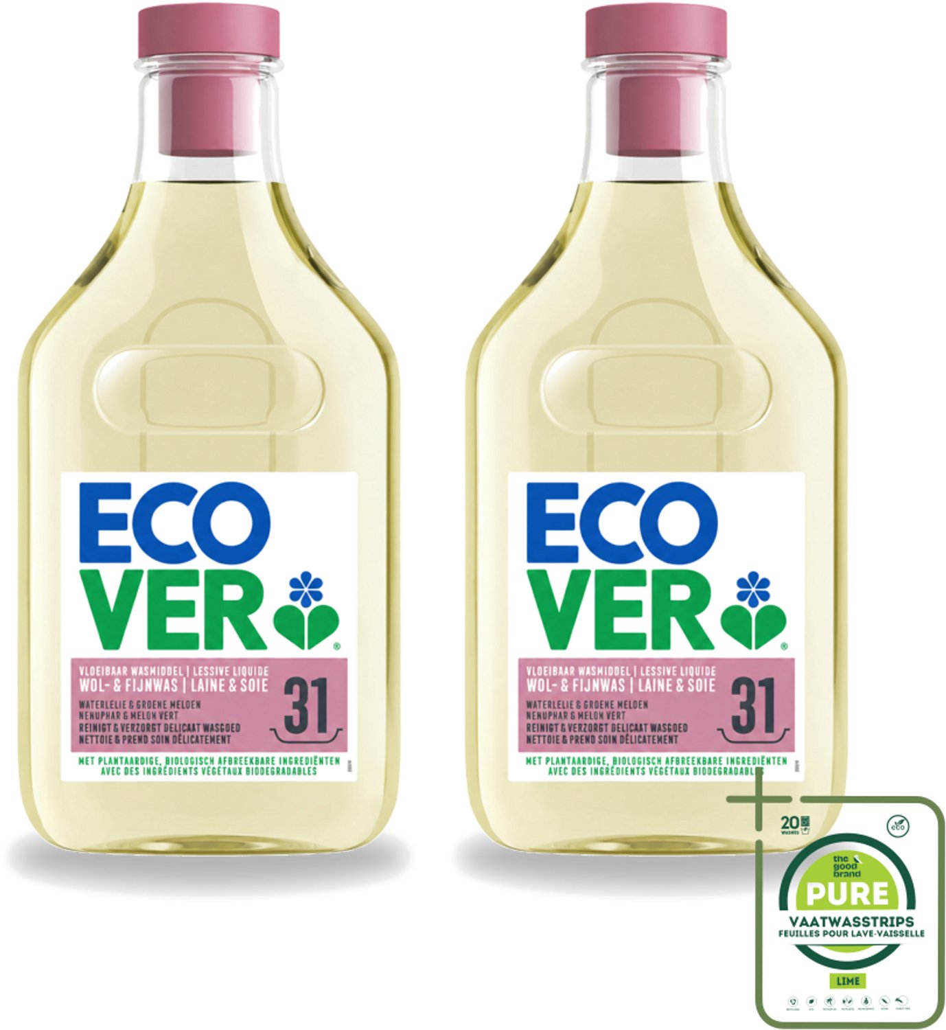 2 x Ecover - Vloeibaar Wasmiddel - Wol & Fijn Was - Waterlelie & Groene Meloen - 31 Wasbeurten - 1.43 L - Grootverpakking - Vaatwasstrips - Wasmiddel Wol En Fijn - Fijne Was - Delicate Stoffen - Milieuvriendelijk Wasmiddel - Plantbased Wasmiddel