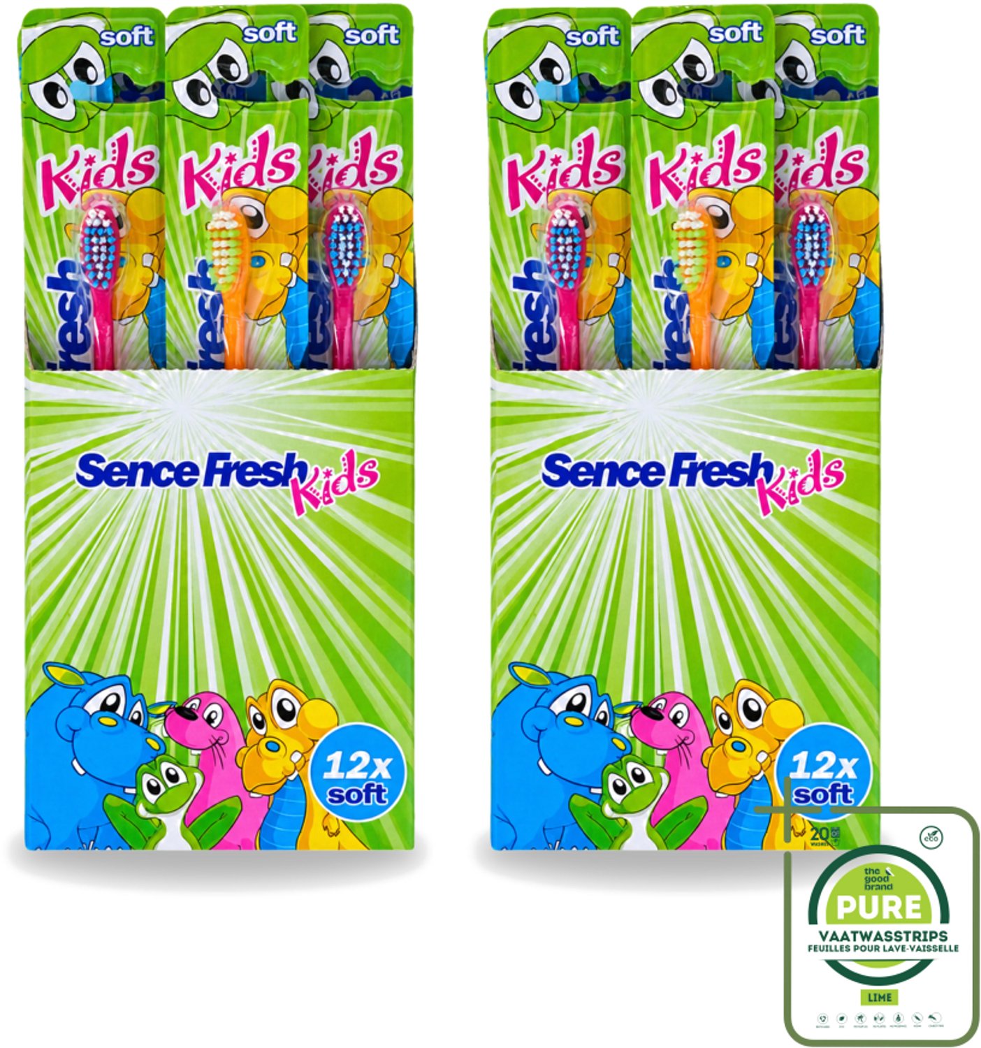 2 x Sence - Fresh Kids Soft - Tandenborstels - Zacht - 12 Tandenborstels - Grootverpakking - Vaatwasstrips - Tandenborstel Voor Kinderen - Zachte Tandenborstel - Tandenborstel Voor Jonge Kinderen - Gezonde Mondhygiëne - Kindertandborstel