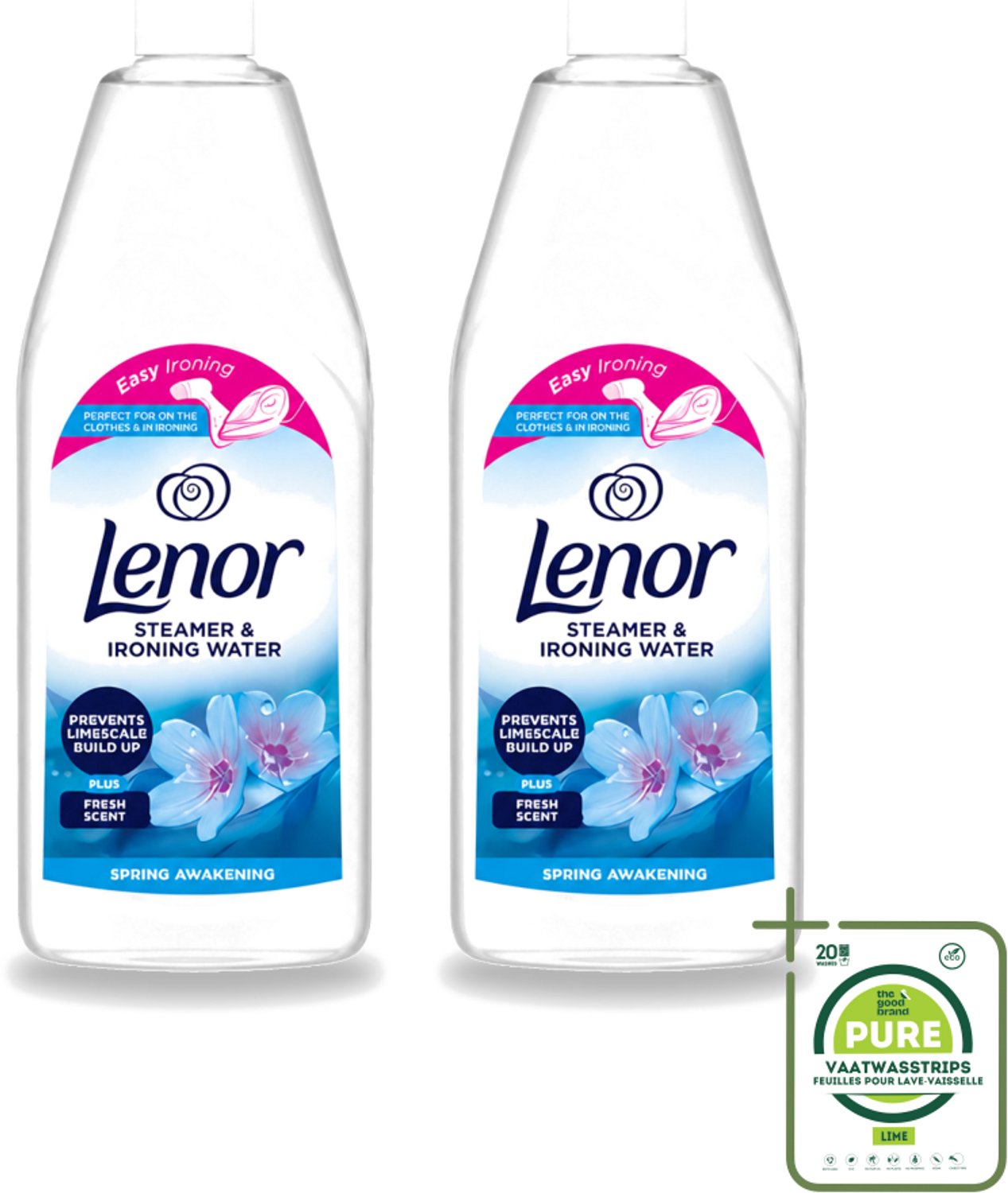 2 x Lenor - Strijkwater - Spring Awakening - Textielverfrisser - 1000 ml - Grootverpakking - Vaatwasstrips - Strijkwater - Textielverfrisser - Wasgoed Fris - Bloemige Geur - Kleding Verzorgen