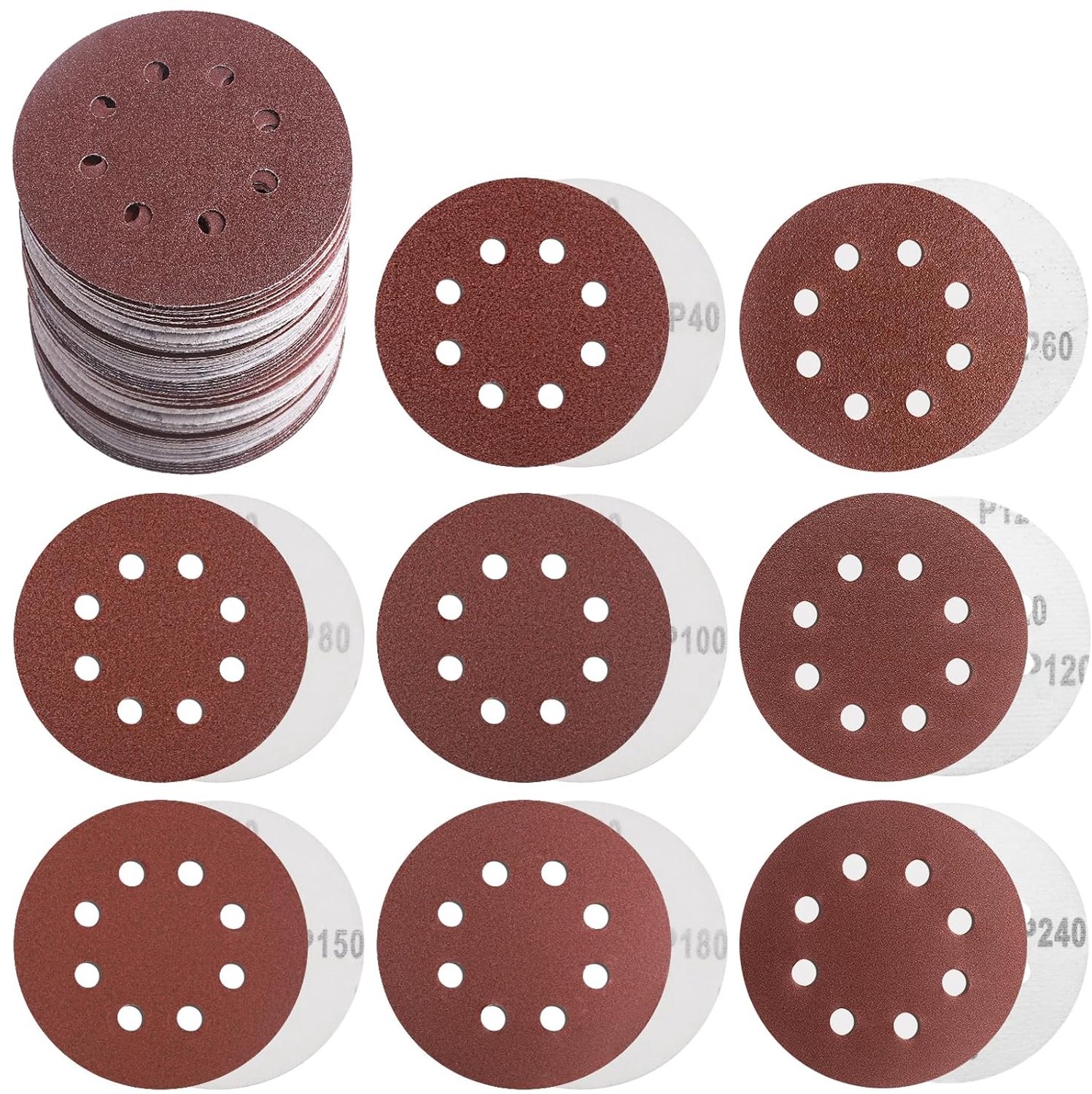 Schuurpapier, 80 stuks, 125 mm, klittenband, schuurschijven voor excentrische schuurmachine, 8 gaten - ShopVlot