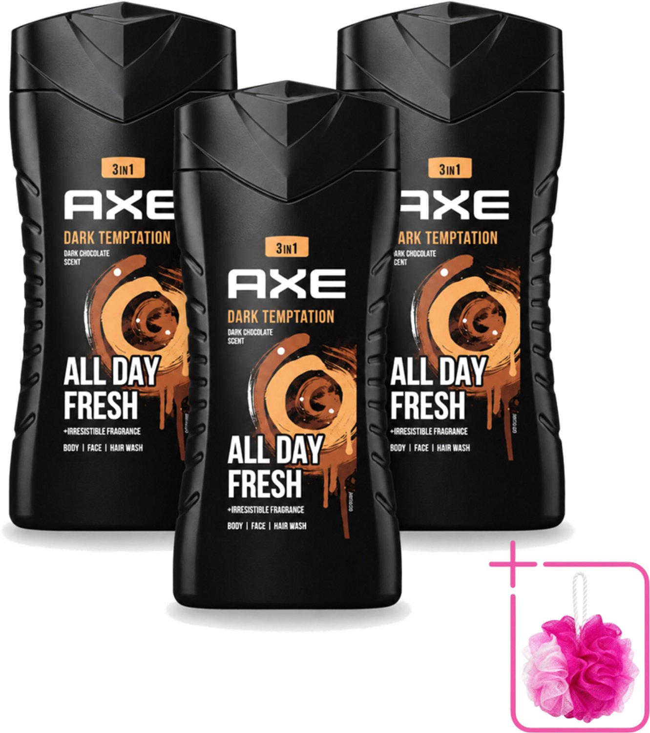 3 x Axe - 3-in-1 Douchegel - Dark Temptation - Dark Chocolate - 250 ml - Bulkverpakking - Douchegel - Douchemop - Chocolade