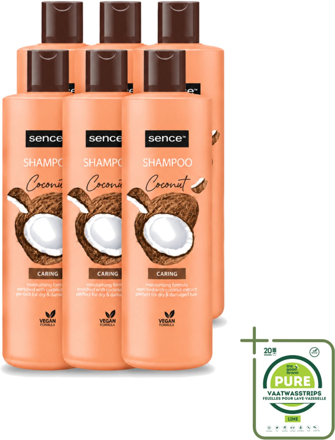 6 x Sence - Coconut - Shampoo - Verzorgend - 400 ml - Voordeelverpakking - Grootverpakking - Vaatwasstrips - Kokos Shampoo - Droog Haar Shampoo - Gezond Haar - Haar Verzorging - Glans Haar