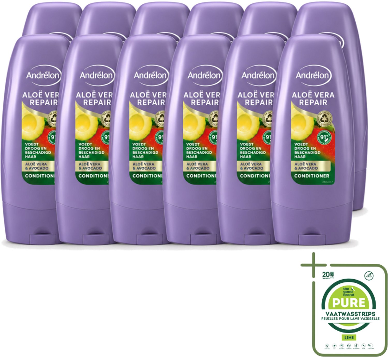 12 x Andrélon - Aloe Vera Repair - Conditioner - Verzachtend & Herstellend - 250 ml - Grootverpakking - Vaatwasstrips - Haarherstel - Haarverzorging - Droog Haar - Beschadigd Haar - Aloe Vera