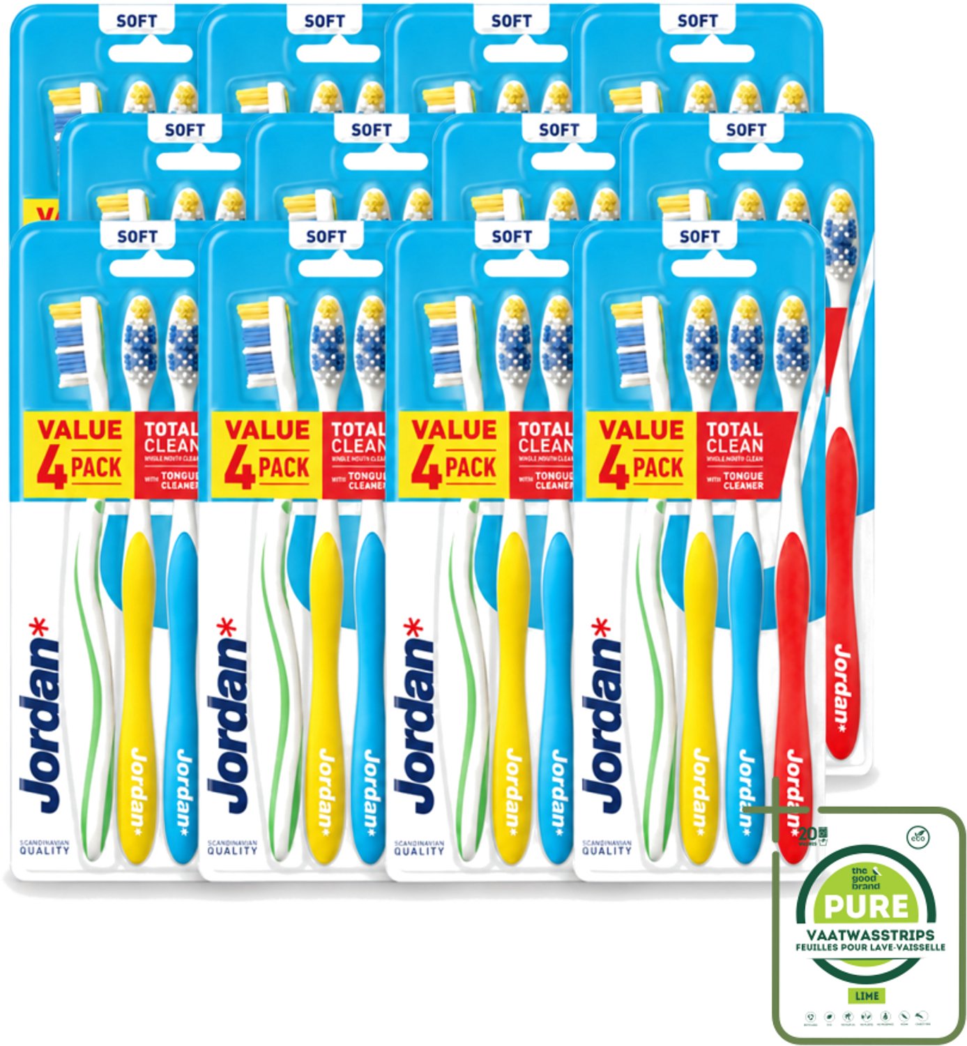 12 x Jordan - Total Clean - Tandenborstels Soft - 4 Tandenborstels - Grootverpakking - Tandenborstel - Mondverzorging - Tandenborstel Set - Tandplak Verwijderen - Tandvlees Verzorgen