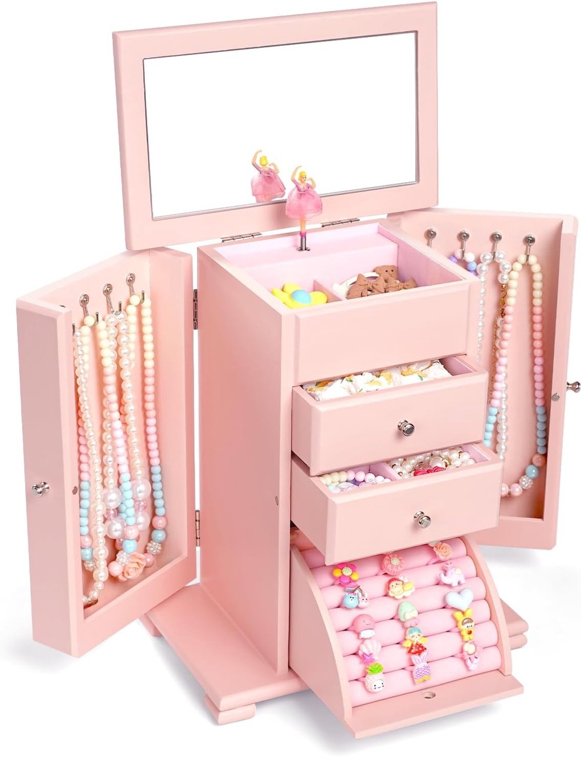 Sieradenbox voor Meisjes met 4 Niveaus, Muziekdoos met Draaiende Danseres, Grote Houten Muziekdoos voor Kinderen, Verjaardagscadeau (Roze)